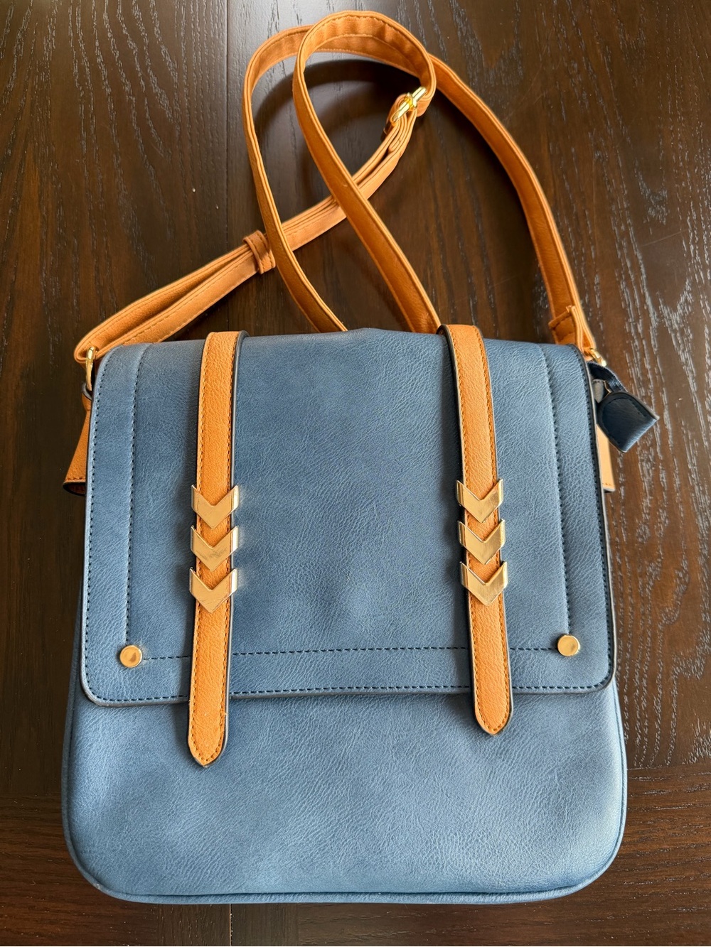 Blue Crossbody Bag with Tan Straps